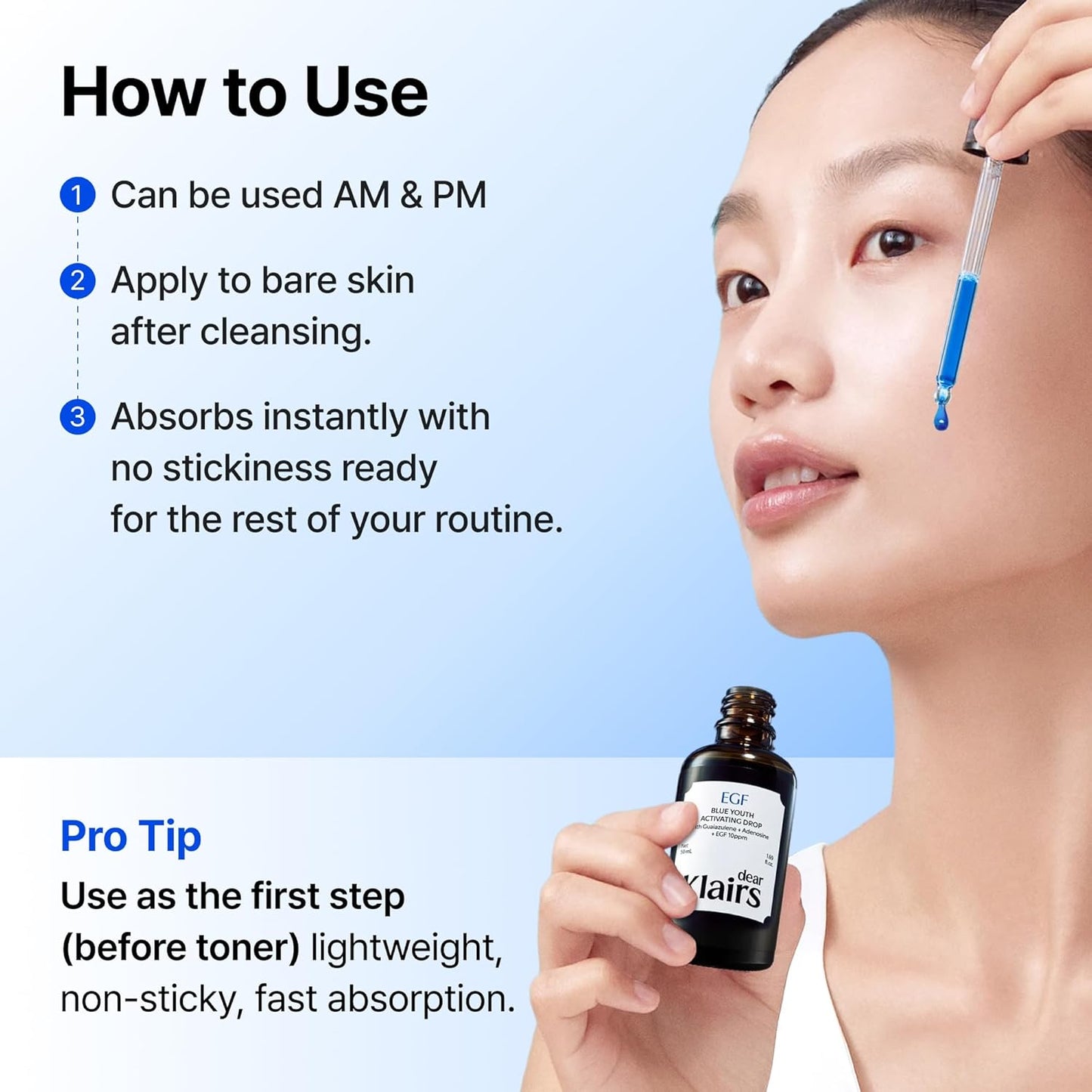 Dear Klairs Korean EGF Serum – Blue Youth Activating Drop with EGF Peptides and Guaiazulene, Repairing Serum for Redness and Blemish-prone Skin, Visibly Fades Post-Blemish Marks, 0.67 Fl Oz