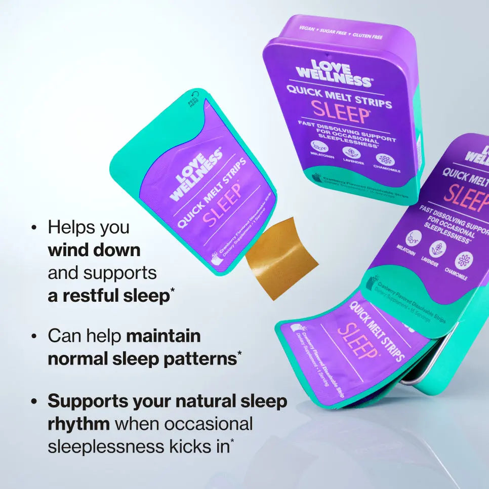Love Wellness Sleep* Quick Melt Strips for Occasional Sleeplessness | Dissolvable Sleep Support Supplement | Melatonin, Lavender & Chamomile | Vegan & Sugar-Free | 15 Strips Dietary