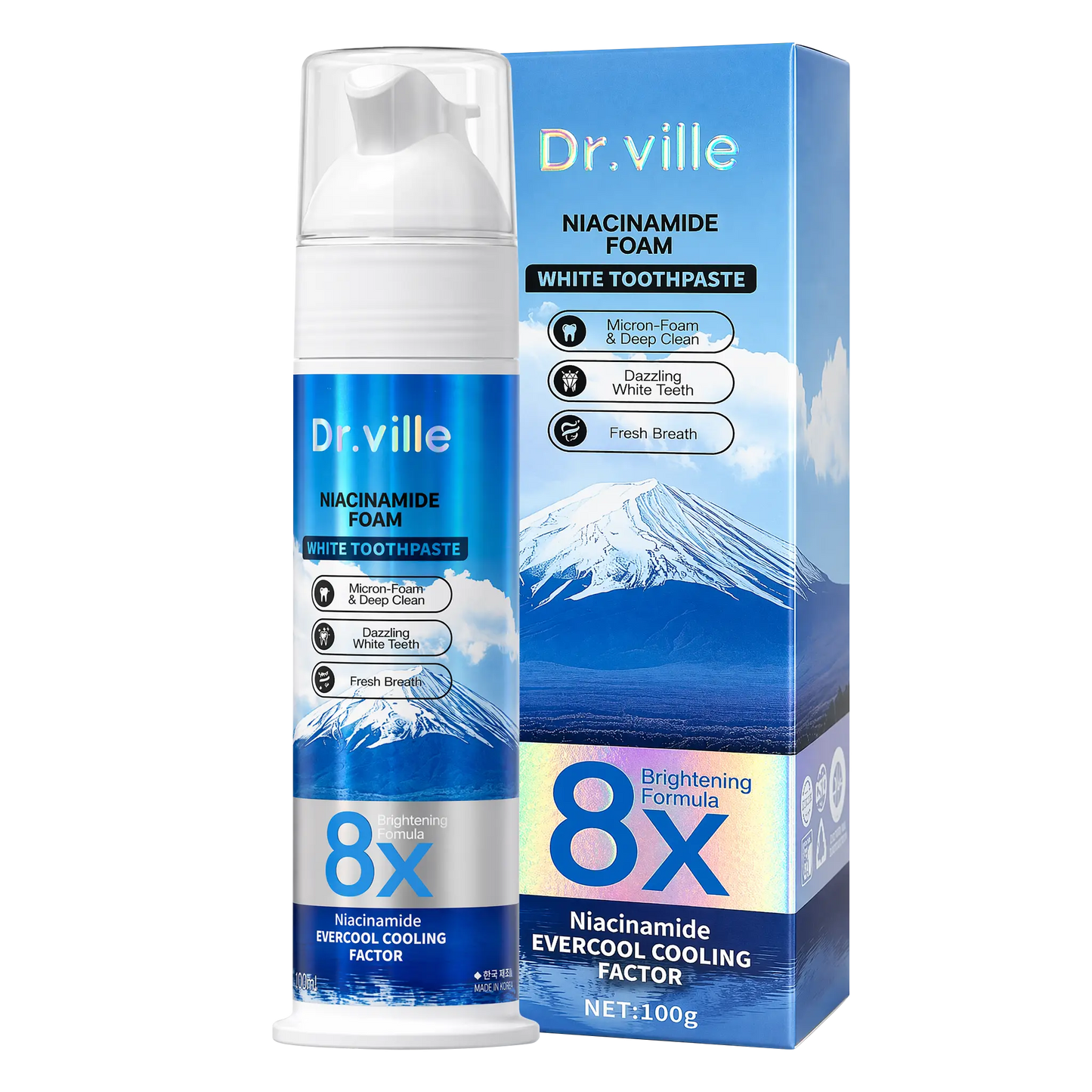 Dr.ville Niacinamide Foaming Whitening Toothpaste 8X - Fresh Breath Stain Removal Gentle Teeth Cleaning 100ml-D