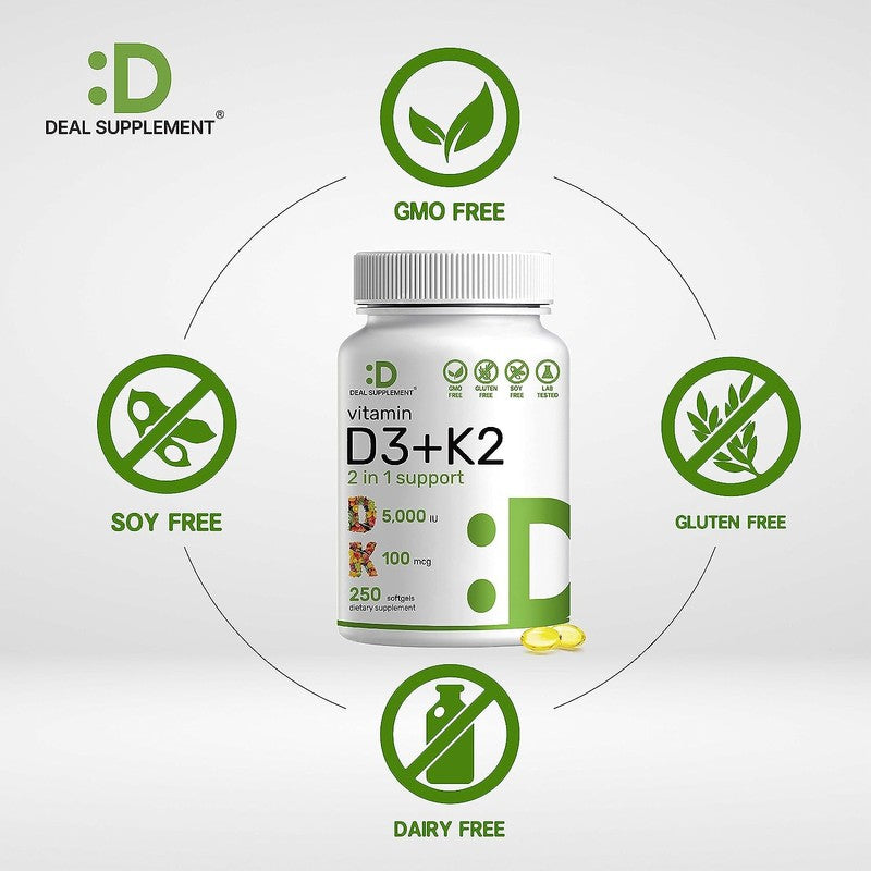 DEAL SUPPLEMENT Vitamin D3 K2 5000IU Softgel, 2-1 Complex, 250 Count
