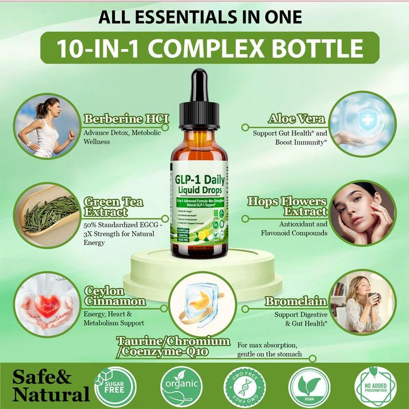 GLP-1 Supplement Liquid Drops, GLP 1 Activated Fiber, with 800 mg Berberine, Ceylon Cinnamon, Green Tea, Bromelain, Natural GLP-1 Support Gut and Digestive Health Immune and Energy Support