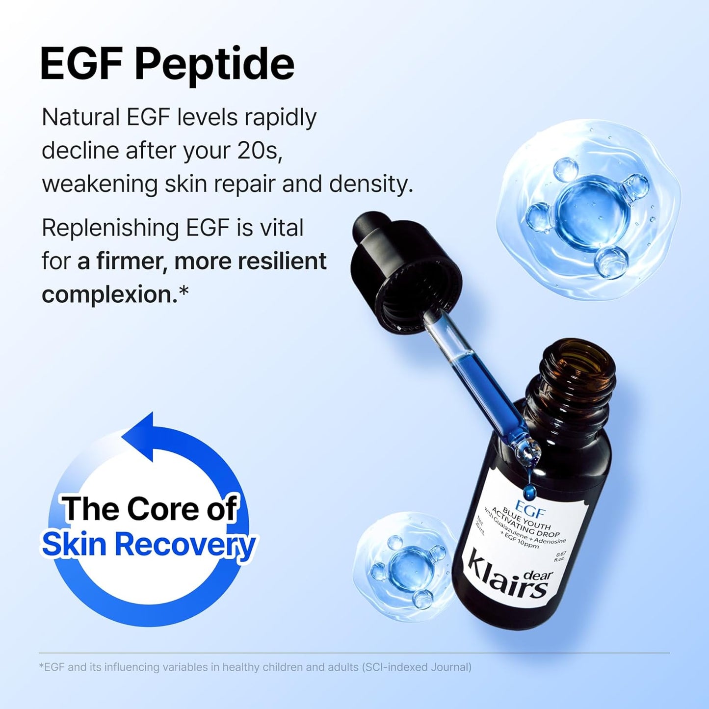 Dear Klairs Korean EGF Serum – Blue Youth Activating Drop with EGF Peptides and Guaiazulene, Repairing Serum for Redness and Blemish-prone Skin, Visibly Fades Post-Blemish Marks, 0.67 Fl Oz
