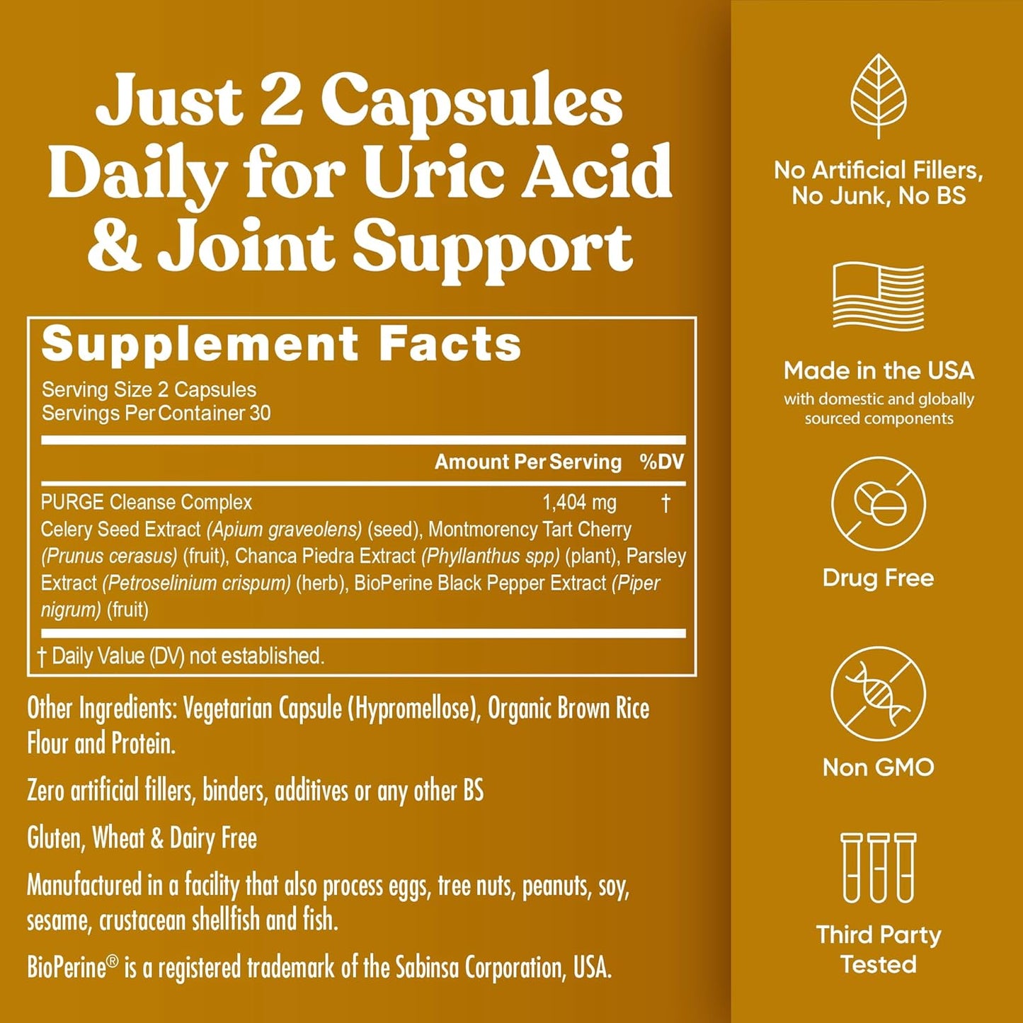 Eu Natural Purge Uric Acid Flush - Eat & Drink What You Want - Uric Acid Support for Joints & Mobility with Celery Seed, Tart Cherry & Chanca Piedra - 60 Vegetarian Capsules