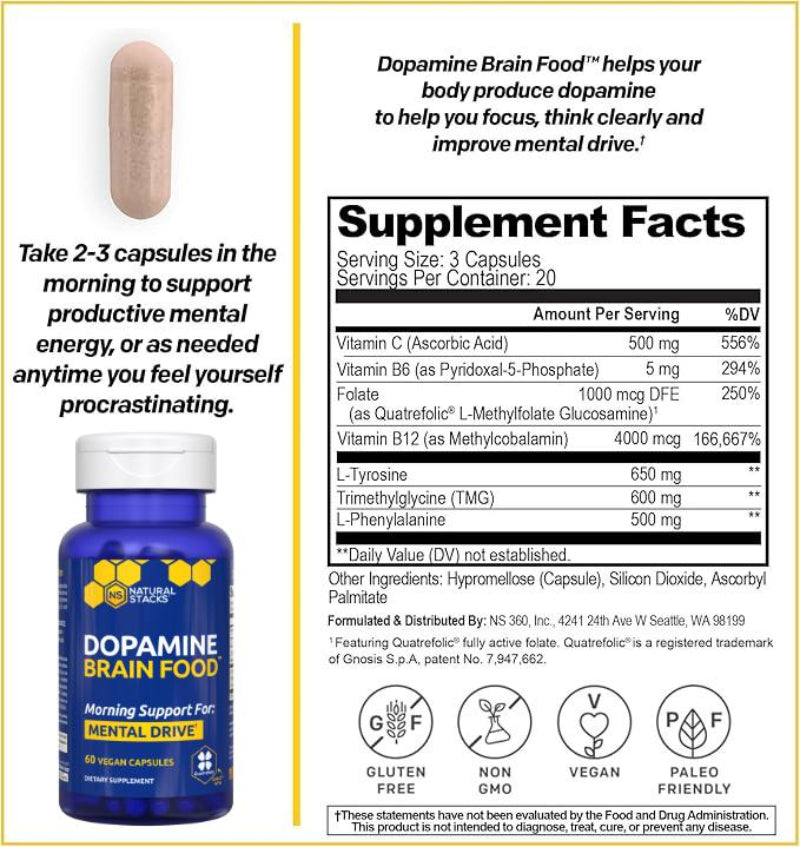 Dopamine Brain Food Supplement w/L-Tyrosine - Promotes Mental Drive, Clarity & Focus - Supports Mental Energy - 60 Capsules