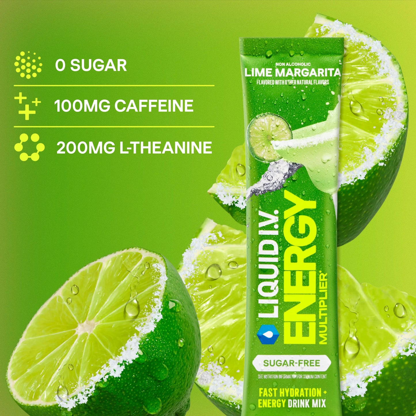 Liquid I.V. Sugar-Free Energy Multiplier - Lime Margarita - Hydration Powder Packets | Electrolyte Powder Drink Mix | Convenient Single-Serving Sticks | Includes Natural Caffeine | 1 Pack (14 Servings)