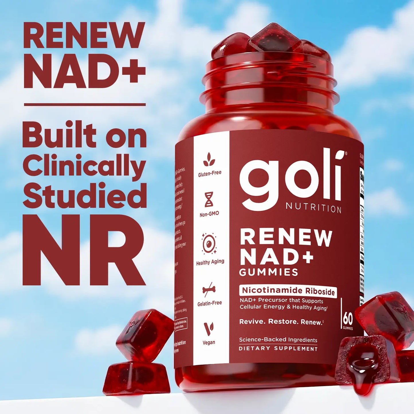 Goli Renew NAD+ (NR) Gummies. Clinically Studied NR Nicotinamide Riboside, Healthy Aging & Cellular Energy. Gluten Free, Non-GMO, Gelatin-Free, Vegan.